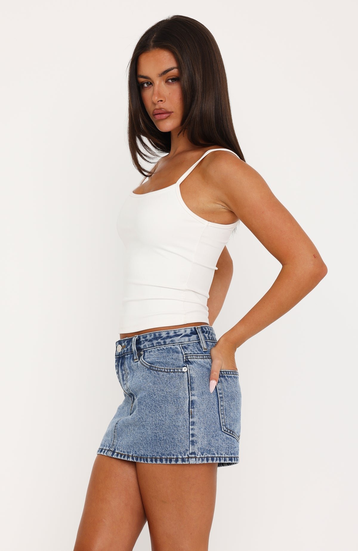 Pretty Moments Low Rise Denim Mini Skirt Mid Blue Wash - Image 4