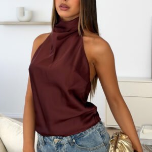 Watch And Learn Satin Halter Top Dark Chocolate